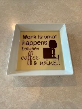 Ceramic Trinket Dish - White & creamy yellow color 'Coffee & Wine' Accent